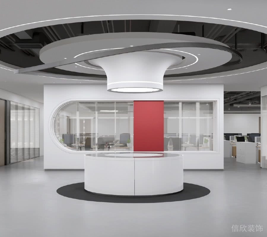 紅色前臺(tái)區(qū)域大廳裝修創(chuàng)意科技未來(lái)感玻璃隔斷墻體設(shè)計(jì)