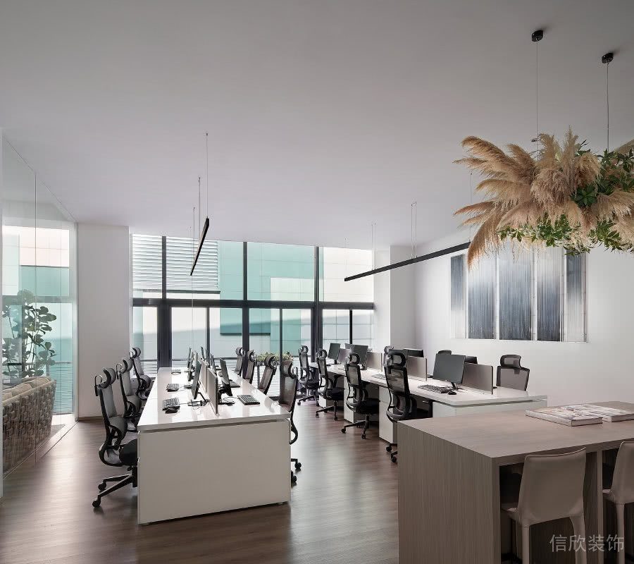 員工研發(fā)區(qū)域直徑直線式長(zhǎng)桌純白效果辦公室裝修簡(jiǎn)約風(fēng)