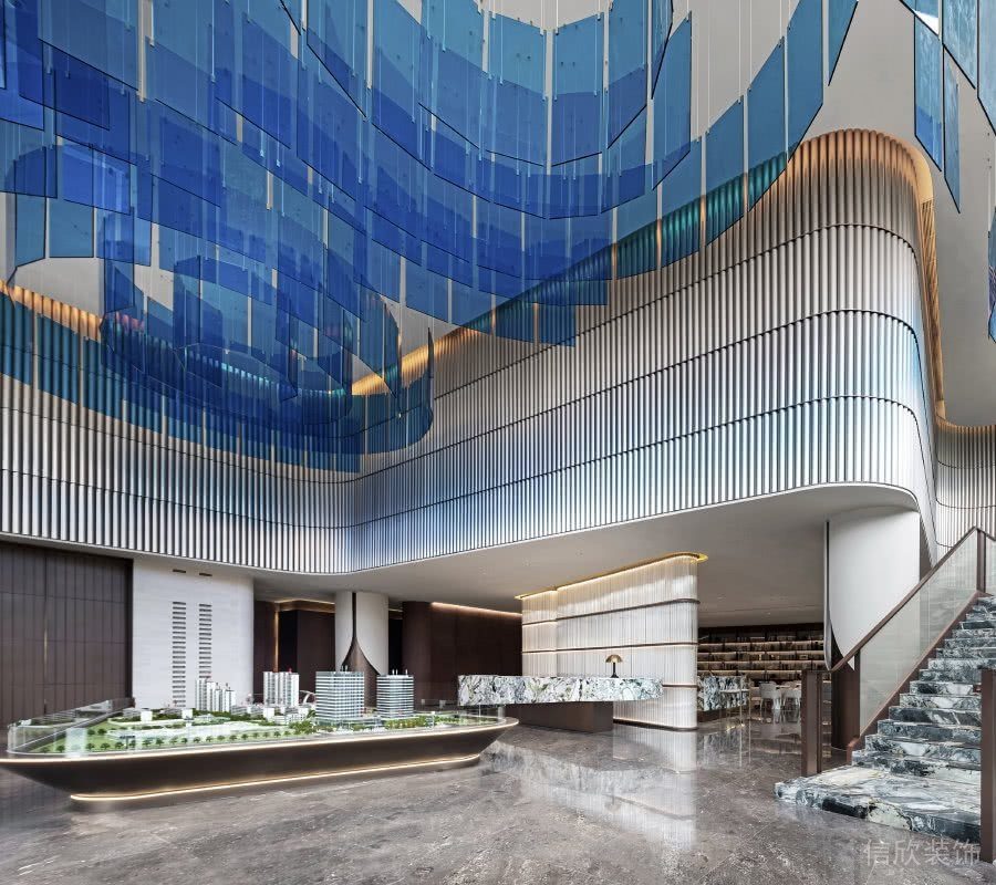 藍色天花裝修設(shè)計大廳裝修效果圖售樓中心辦公樓大廳裝修效果圖