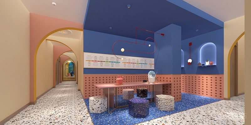 藍(lán)色開(kāi)放式區(qū)域紅色金屬框架燈飾創(chuàng)意設(shè)計(jì)機(jī)構(gòu)休息區(qū)半墻洞洞板裝修