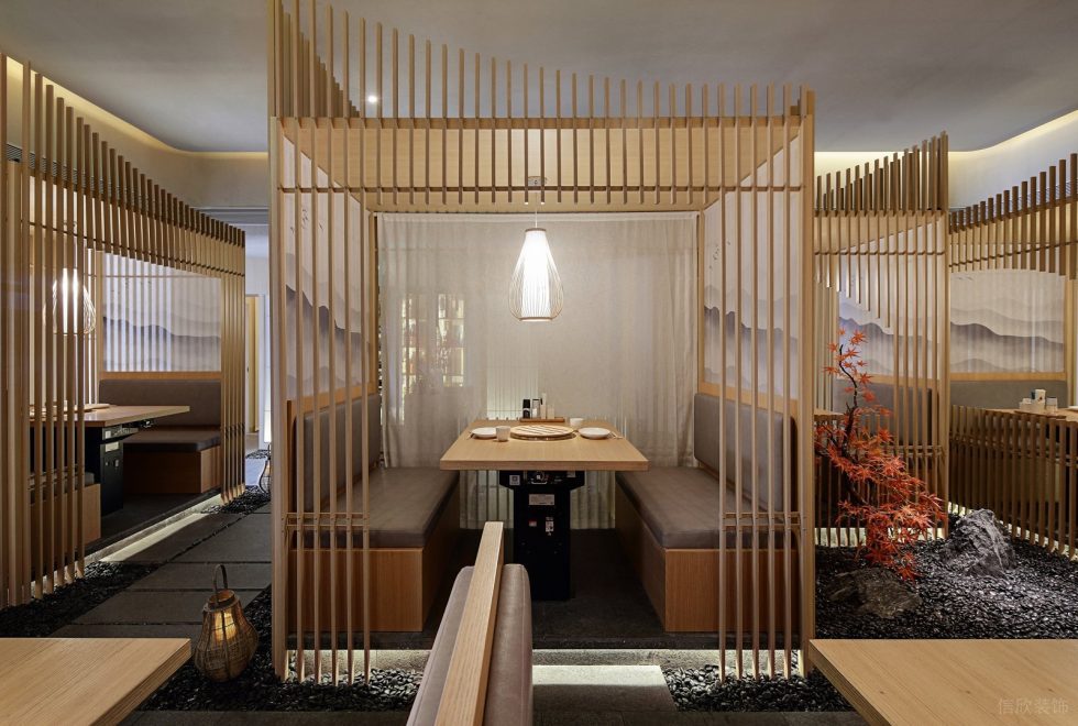 深圳福田天健時尚新天地和風(fēng)日式料理餐廳裝修案例卡座效果圖