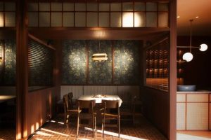 深圳羅湖招商中環(huán)日式風(fēng)格火鍋店裝修案例卡座效果圖