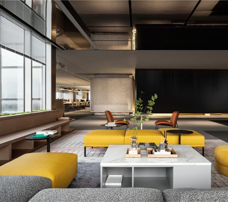 辦公室休閑區(qū)黃色皮質(zhì)沙發(fā)