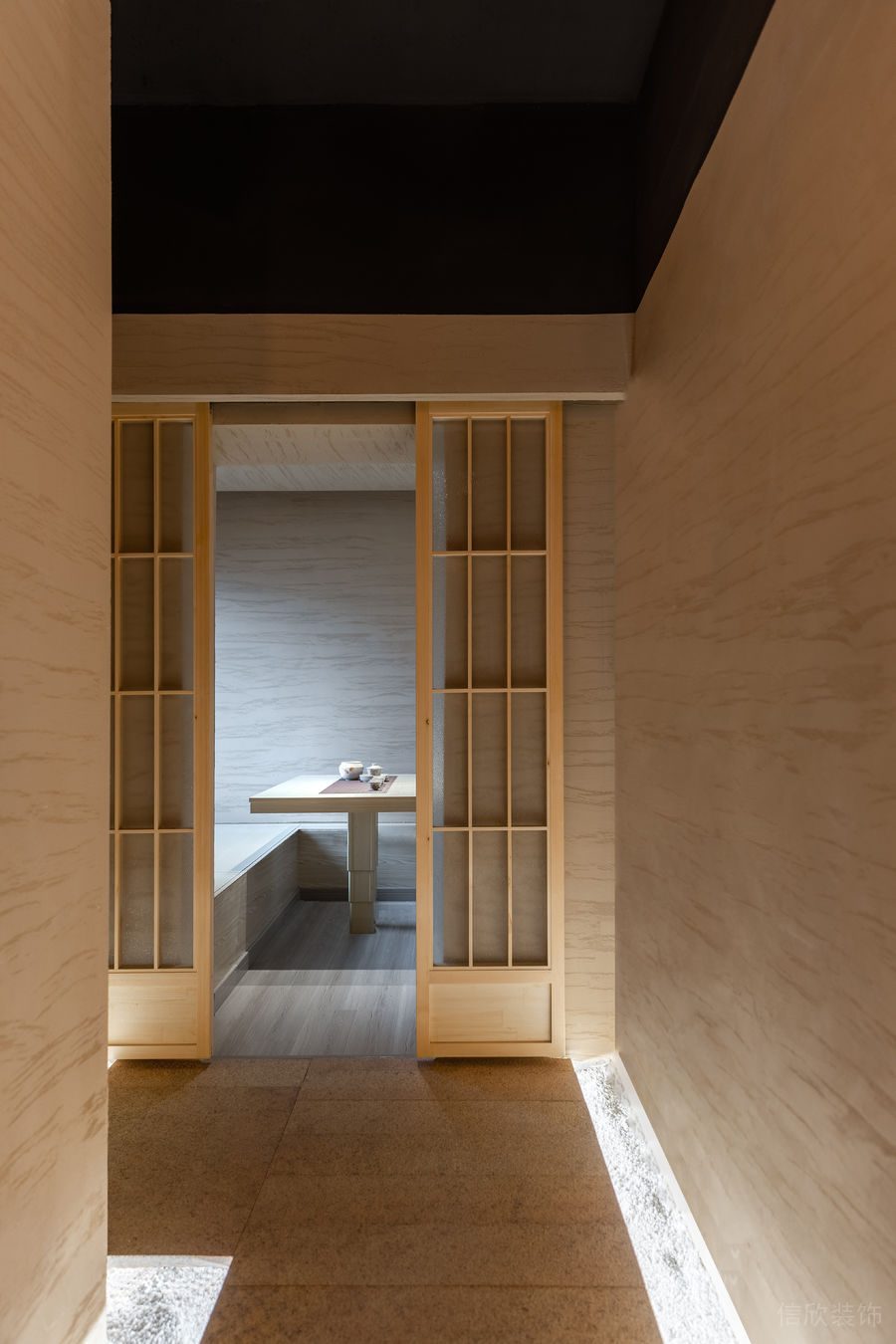 深圳寶安中洲華府暖色調(diào)極簡風格茶館裝修案例榻榻米包廂