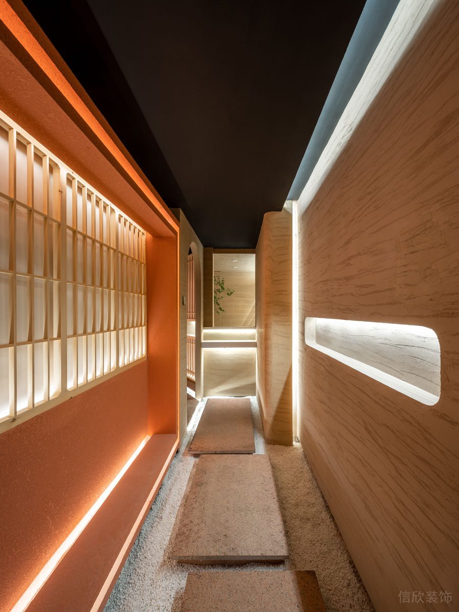 深圳寶安中洲華府暖色調(diào)極簡(jiǎn)風(fēng)格茶館裝修案例走廊