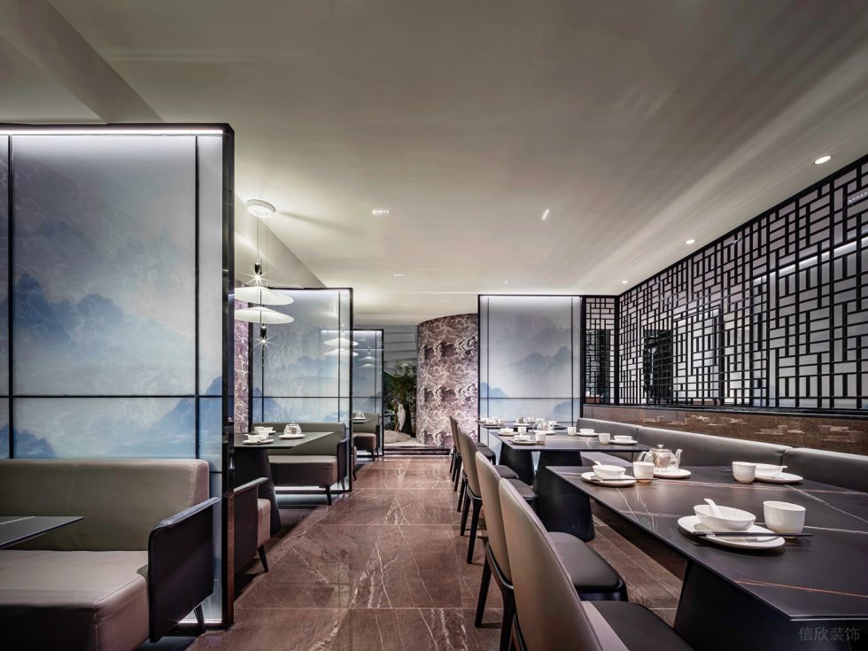深圳龍華保利悅都現(xiàn)代新中式風(fēng)格江浙菜餐廳裝修案例二層用餐大廳