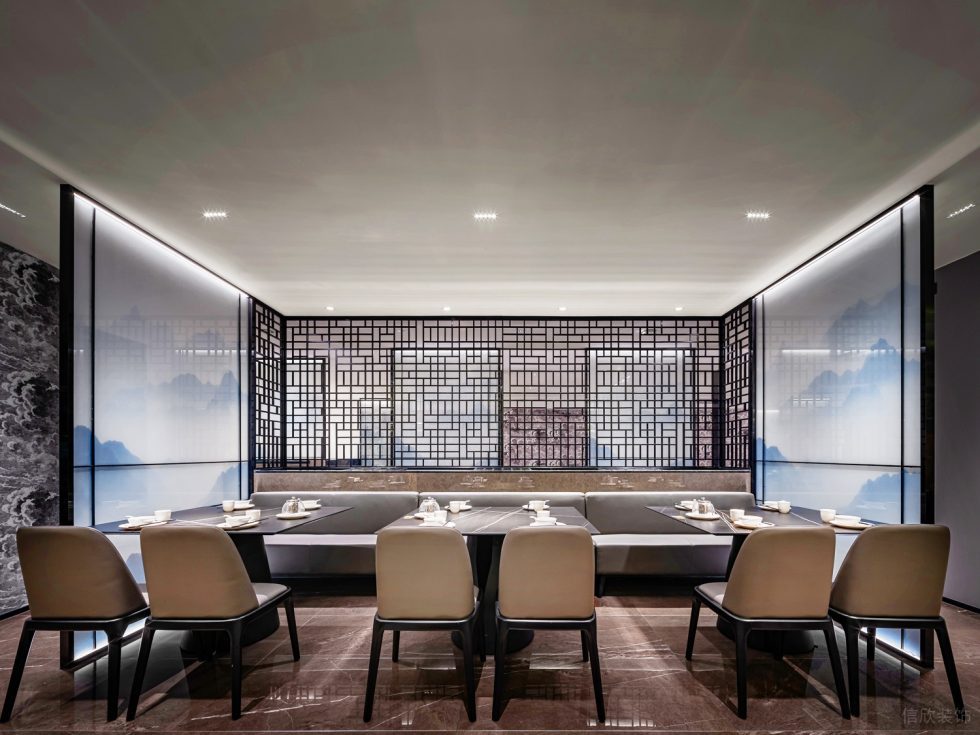 深圳龍華保利悅都現(xiàn)代新中式風(fēng)格江浙菜餐廳裝修案例二層用餐大廳訂制卡座沙發(fā)