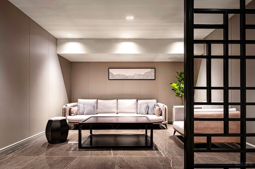 深圳龍華保利悅都現(xiàn)代新中式風(fēng)格江浙菜餐廳裝修案例豪華包廂休息區(qū)