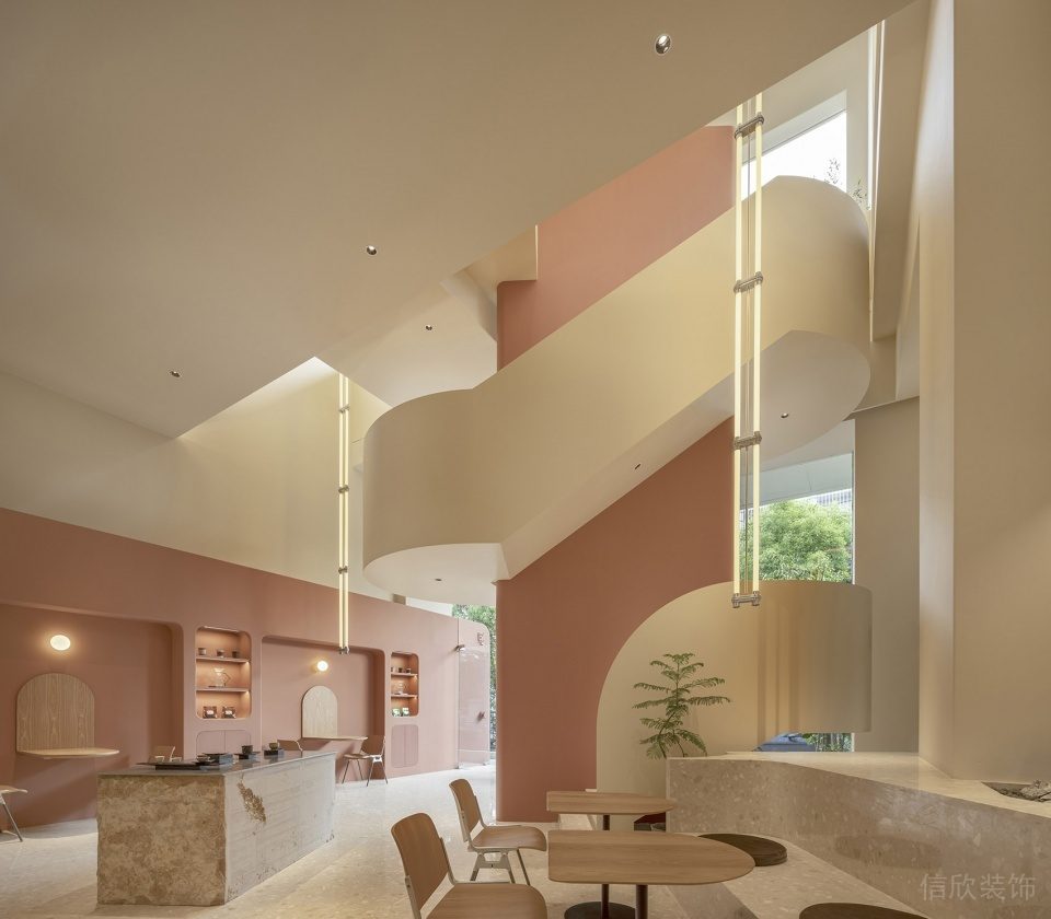 深圳羅湖新2000廣場極簡風(fēng)格甜品咖啡館裝修案例圓弧藝術(shù)樓梯