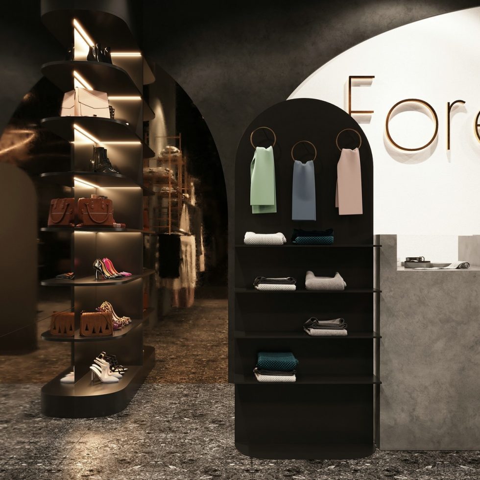 深圳市龍崗區(qū)平湖“森林” 名牌服裝店裝修設計深色木紋展示架