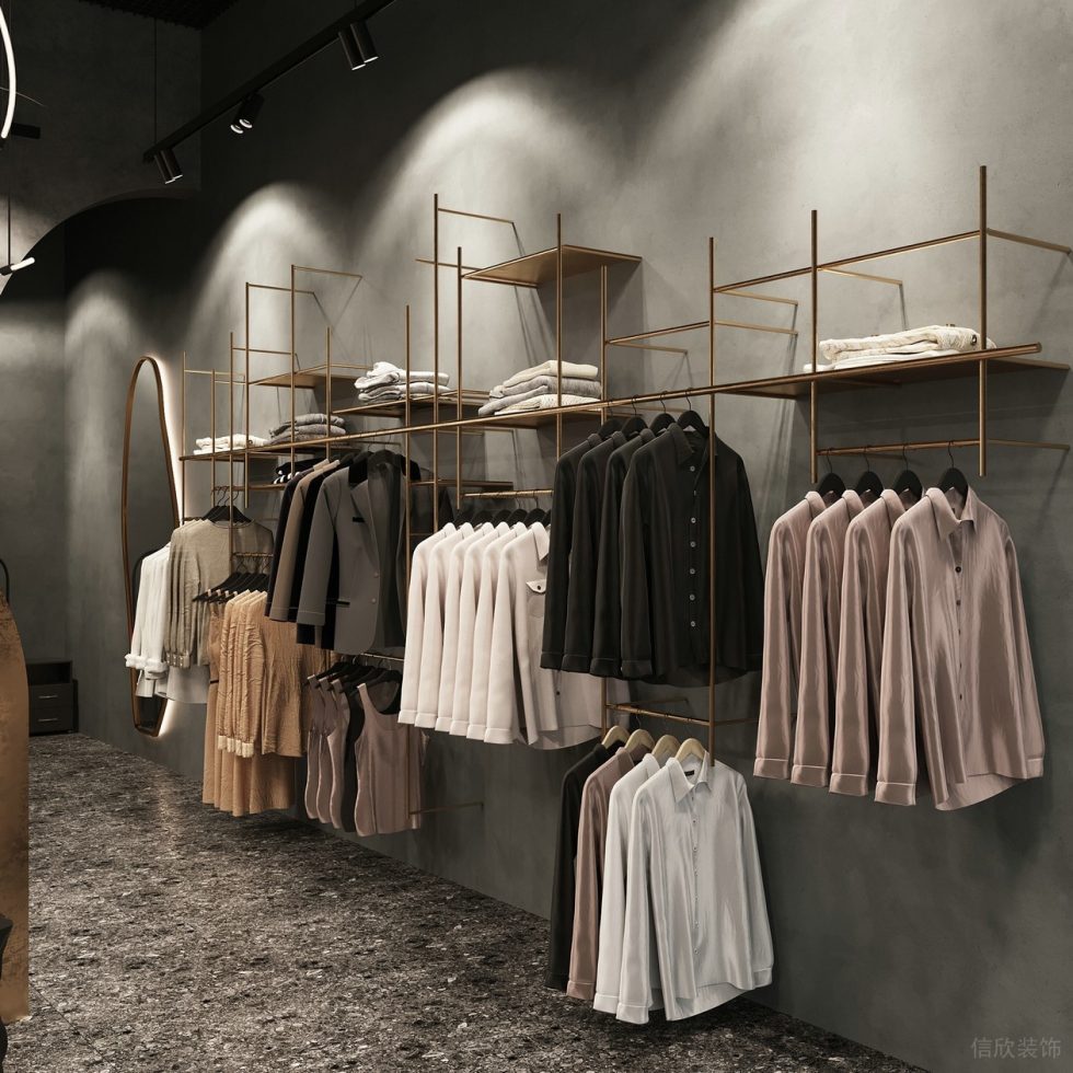 深圳市龍崗區(qū)平湖“森林” 名牌服裝店裝修設計水泥墻面金色鋼管衣架