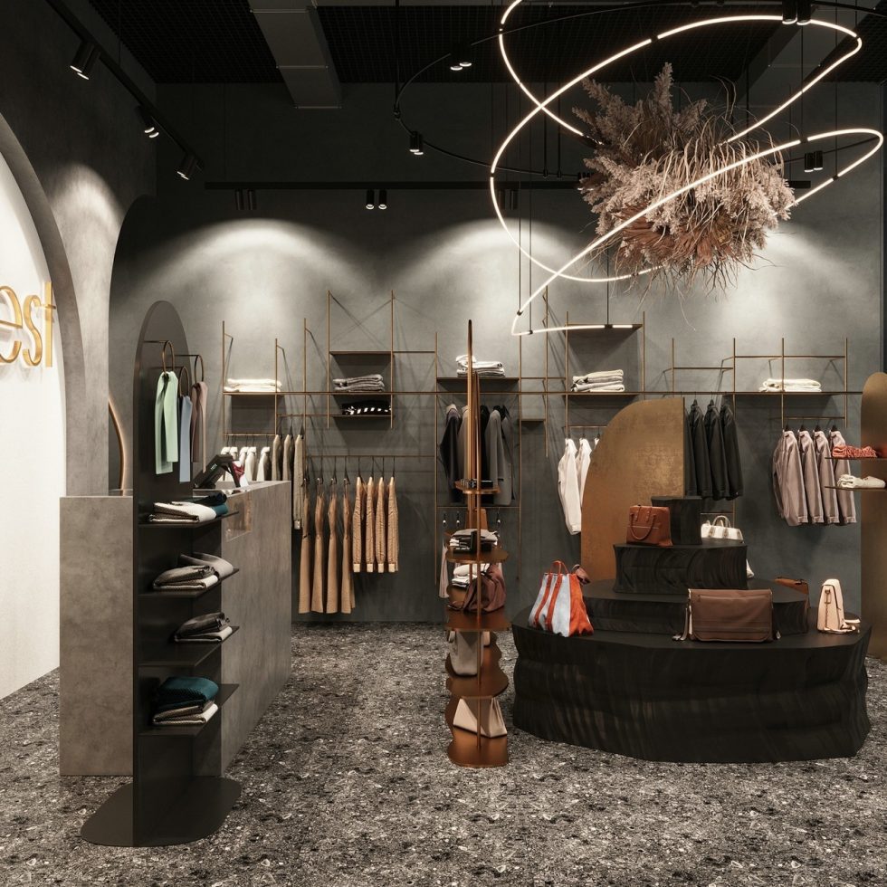 深圳市龍崗區(qū)平湖“森林” 名牌服裝店裝修設計墻邊服飾燈光效果