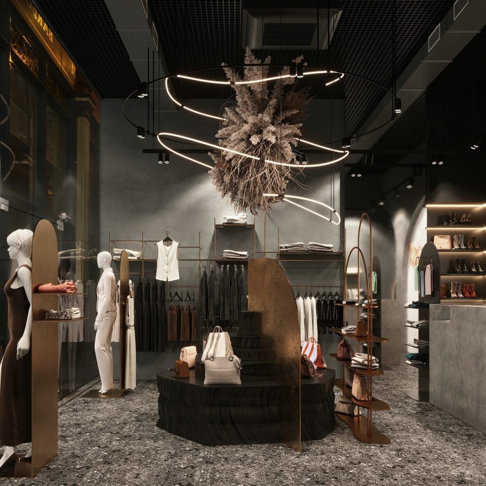 深圳市龍崗區(qū)平湖“森林” 名牌服裝店裝修設計圓拱形金屬衣架