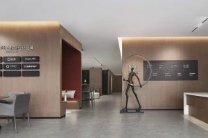 辦公室休閑區(qū)柚木墻面白色石材水吧臺裝修效果圖