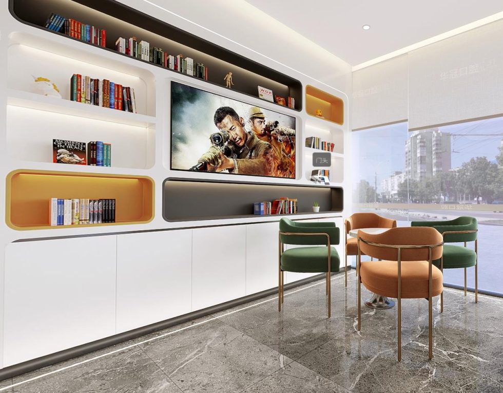 深圳福田新洲大廈華冠口腔牙科診所裝修設計全景圖候診區(qū)展示柜 深圳福田新洲大廈華冠口腔牙科診所裝修設計全景圖候診區(qū)展示柜