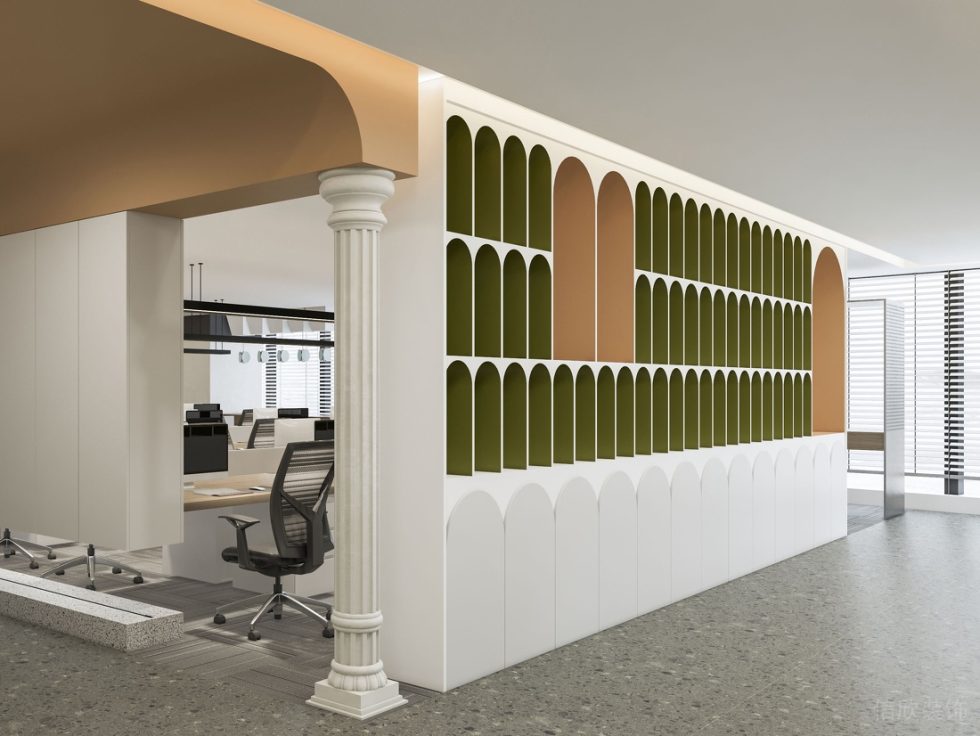 深圳寶安易尚中心2000平方米簡約風(fēng)格辦公室裝修案例圓拱形鏤空藝術(shù)隔斷柜