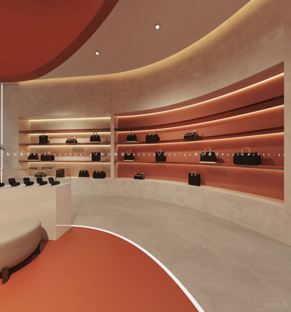 深圳市龍崗區(qū)布吉現(xiàn)代輕奢風(fēng)奢侈品店弧形女包展架效果圖