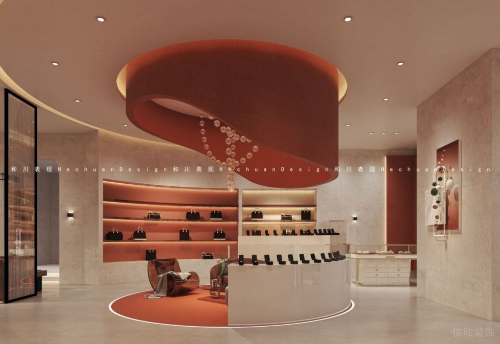 深圳市龍崗區(qū)布吉現(xiàn)代輕奢風(fēng)奢侈品店弧形中島矮柜裝修設(shè)計(jì)效果圖