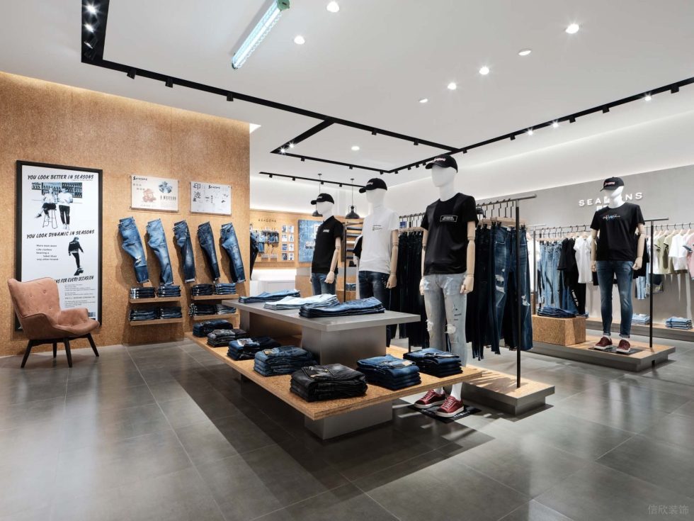 深圳市龍崗區(qū)坪地現(xiàn)代風(fēng)潮牌四季牛仔店鋪服裝展臺和展架