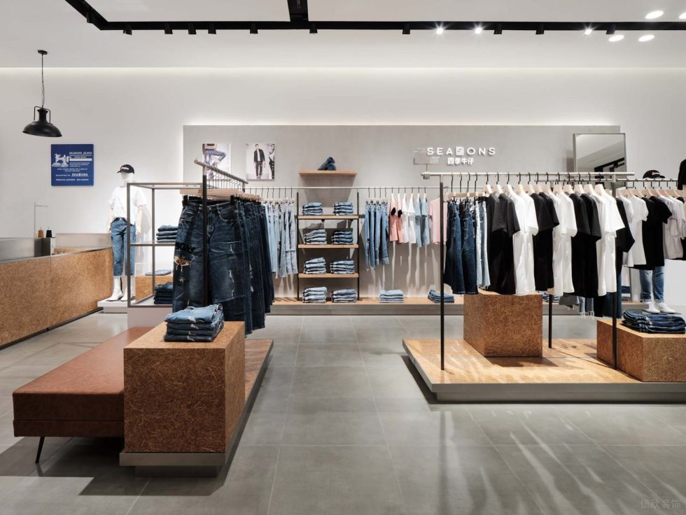 深圳市龍崗區(qū)坪地現(xiàn)代風(fēng)潮牌四季牛仔店鋪墻面背景燈光裝飾設(shè)計效果圖
