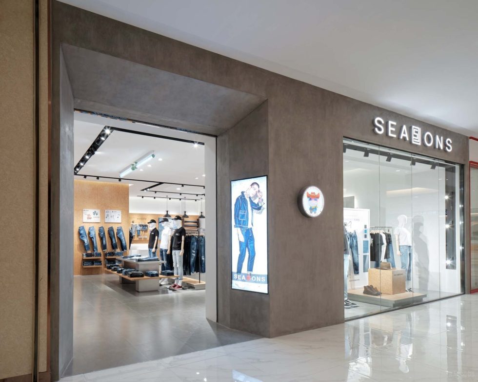 深圳市龍崗區(qū)坪地現(xiàn)代風(fēng)潮牌四季牛仔店鋪門面外觀裝飾設(shè)計效果圖