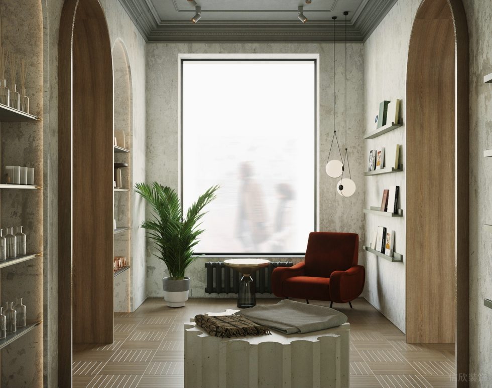 深圳市龍崗區(qū)平湖復古風定制服裝店洽談區(qū)展柜裝修設計