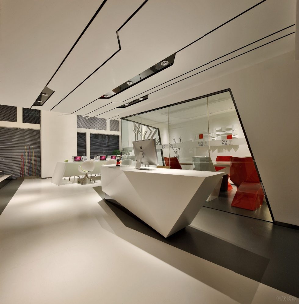 深圳寶安稻興環(huán)球科創(chuàng)中心350平方米現(xiàn)代主義科幻風(fēng)loft辦公室裝修案例前臺(tái)效果圖