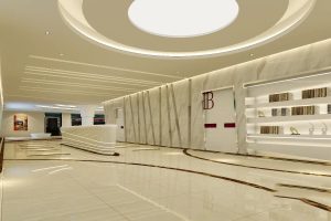 武漢愛馨口腔牙科診所候診大廳宣傳欄圓形吊頂裝修設(shè)計(jì)