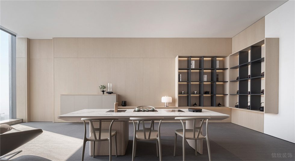 辦公室洽談區(qū)淺色木紋茶桌椅