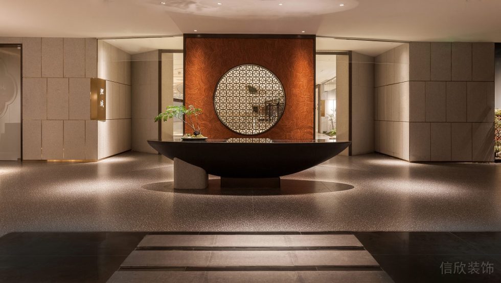 深圳市國(guó)風(fēng)高雅中式餐廳碗型黑色島臺(tái)裝修設(shè)計(jì)