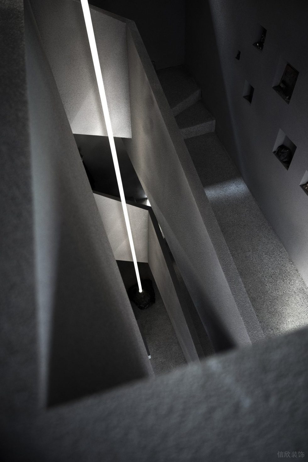 深圳市羅湖區(qū)蓮塘現(xiàn)代風(fēng)原創(chuàng)首飾品牌店·峻造匠人工坊裝修設(shè)計-灰色水泥肌理轉(zhuǎn)角樓梯