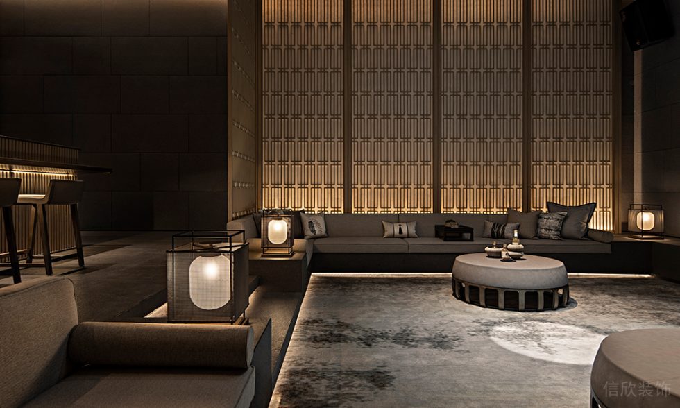 新中式風(fēng)中餐廳等候區(qū)軟裝搭配裝修設(shè)計