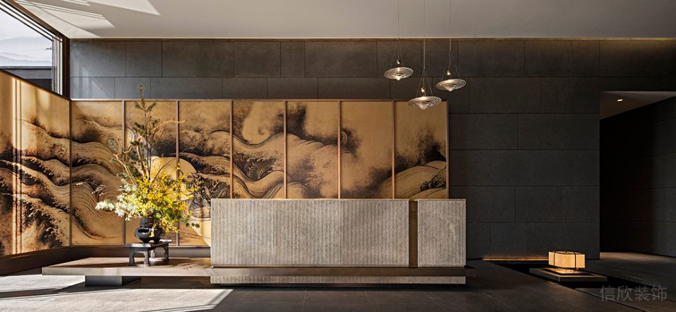 新中式風(fēng)中餐廳入門石材前臺裝修設(shè)計