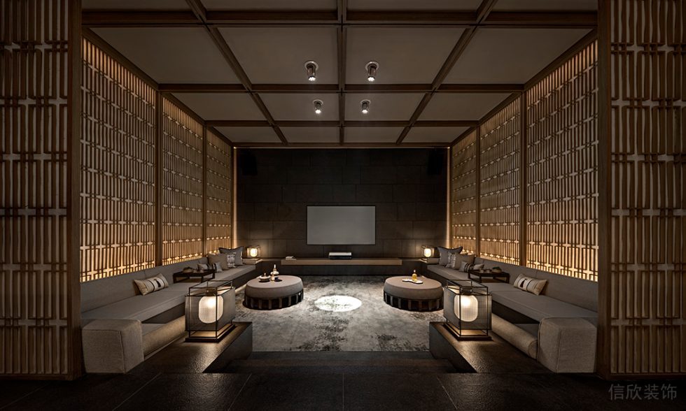 新中式風(fēng)中餐廳下沉式等候區(qū)裝修設(shè)計