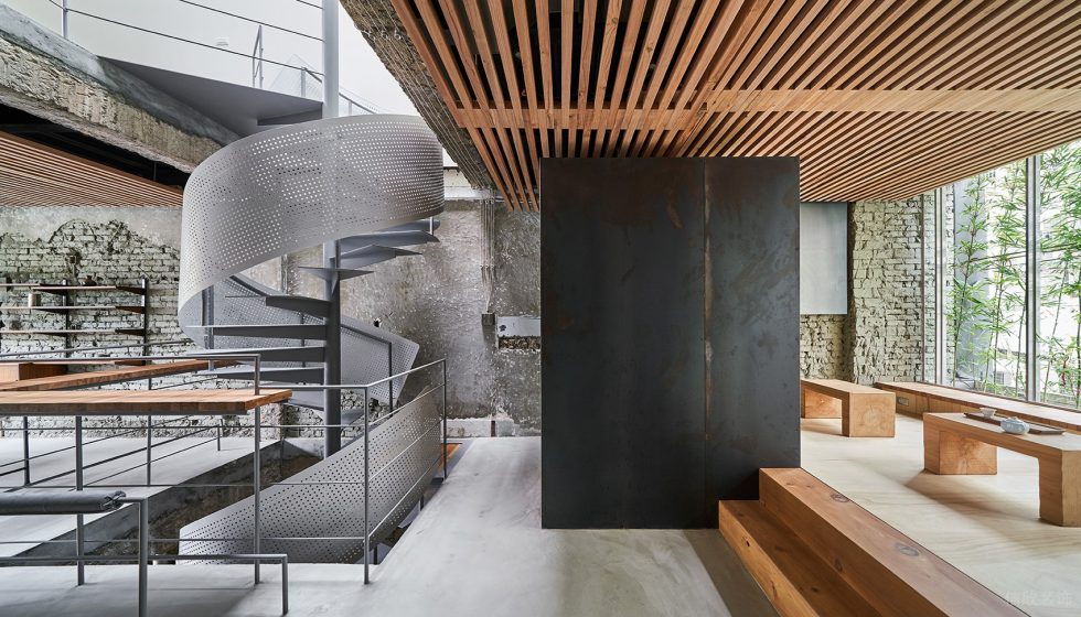 復(fù)古工業(yè)風(fēng)格茶室黑色做舊金屬墻面隔斷裝修設(shè)計(jì)