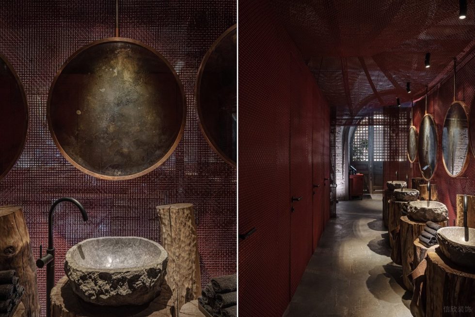 復古做舊餐廳紅色金屬網(wǎng)洗手區(qū)裝修設計