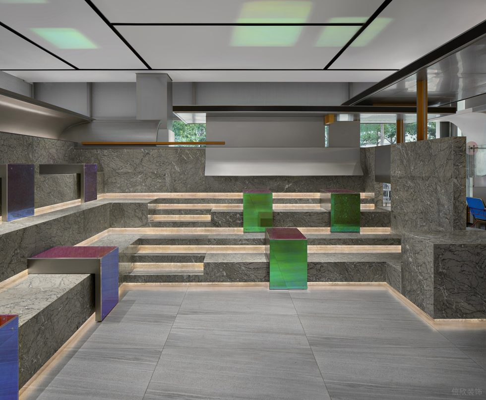 工業(yè)簡約風飲品店大理石紋地磚階級就座區(qū)裝修設計