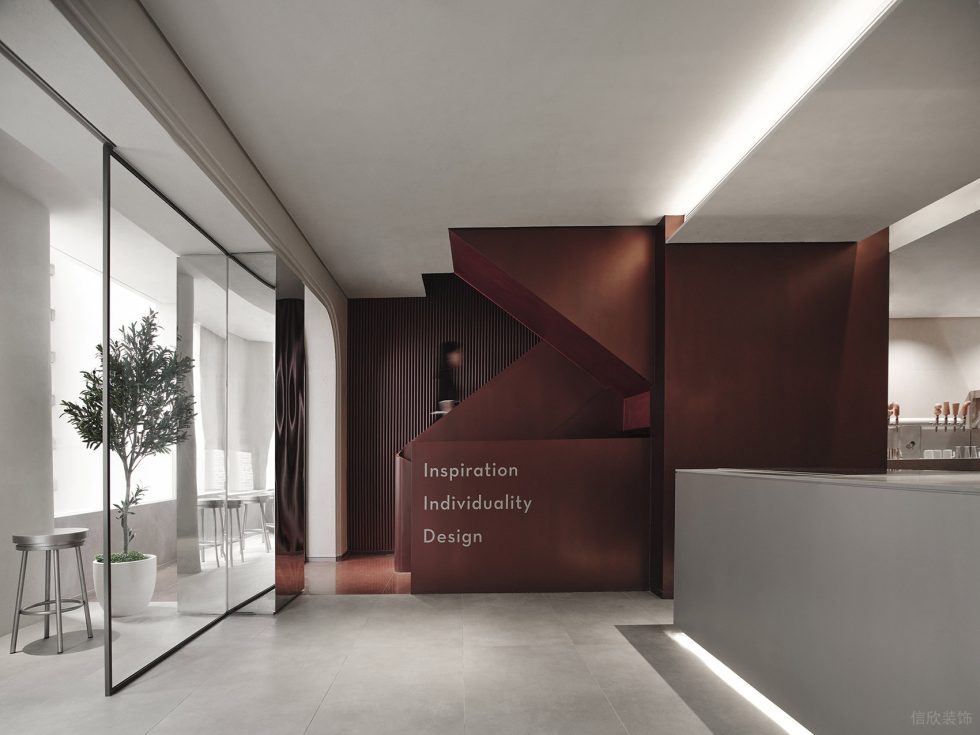 簡約侘寂風(fēng)飲品店復(fù)合實(shí)木樓梯效果圖