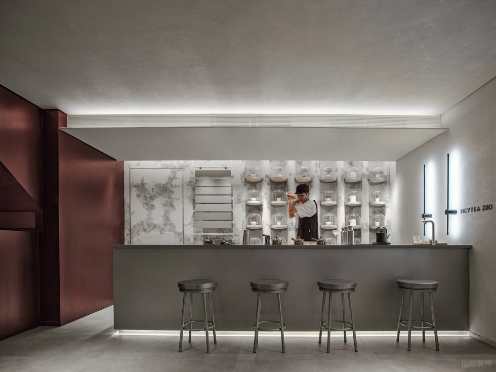 簡約侘寂風飲品店一字型操作臺裝修設(shè)計