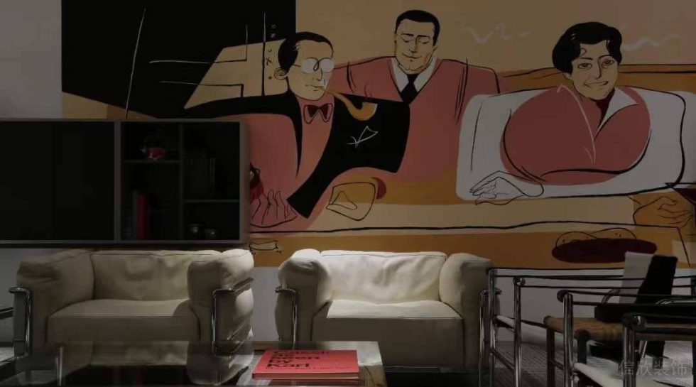 簡約金屬風辦公室裝修設計 休息區(qū)卡通墻面白色沙發(fā)