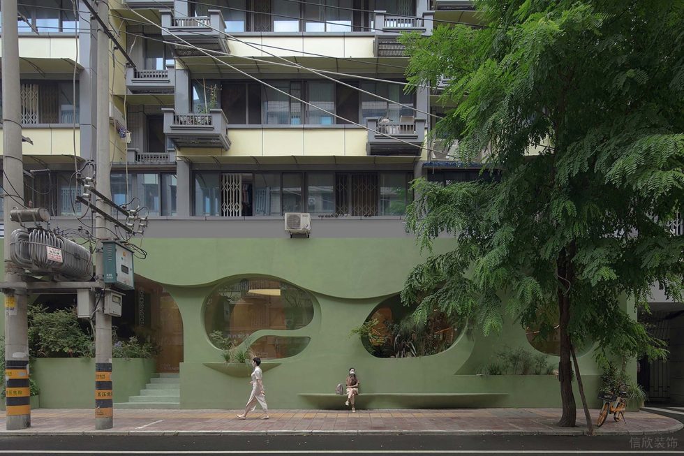 綠意奶油簡約風(fēng)飲品店不規(guī)則圓形櫥窗裝修設(shè)計