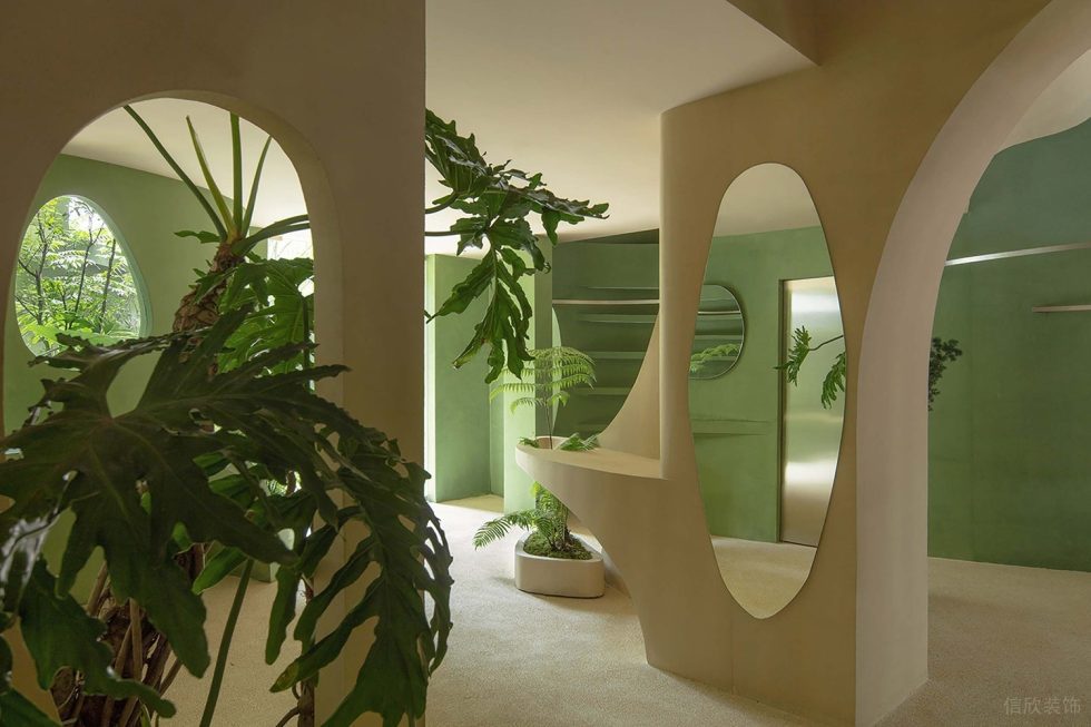 綠意奶油簡約風(fēng)飲品店大型綠植裝修設(shè)計效果圖