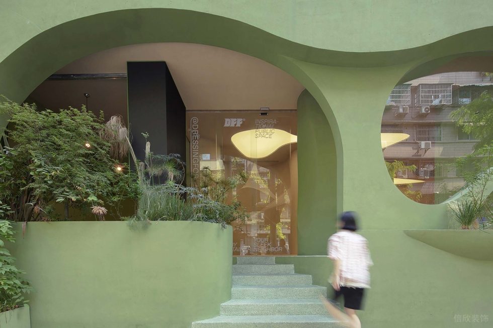 綠意奶油簡約風(fēng)飲品店綠色水磨石臺階效果圖