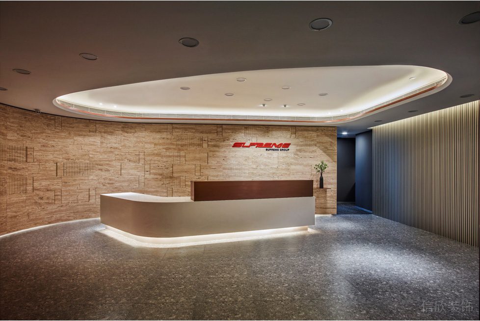 時尚簡約風(fēng)辦公室裝修設(shè)計前廳米黃色企業(yè)形象背景墻