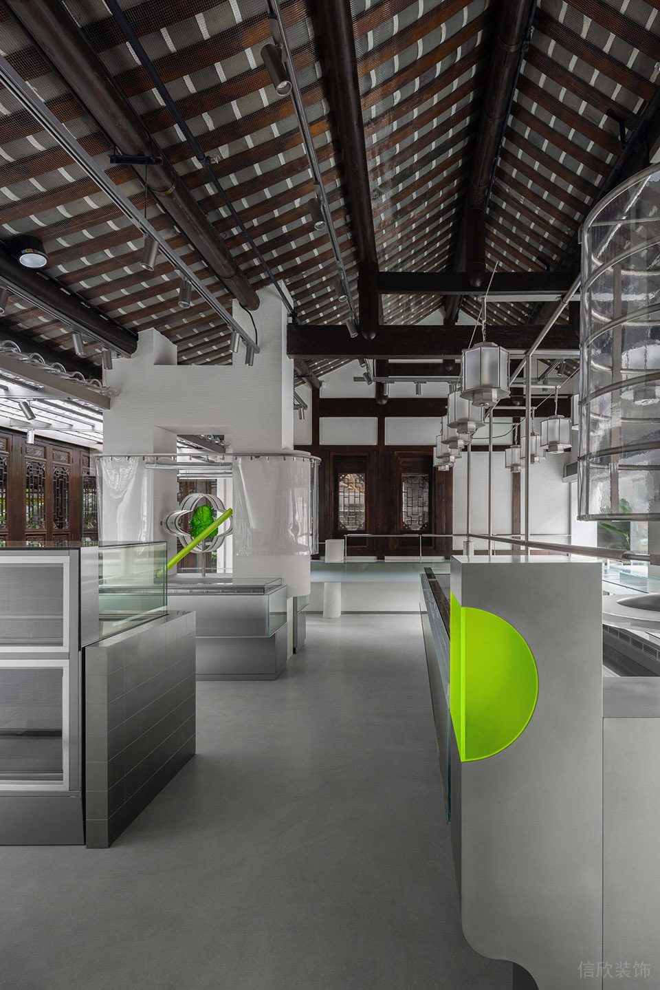 現(xiàn)代新中式甜品店水泥灰選購區(qū)地面裝修設(shè)計(jì)