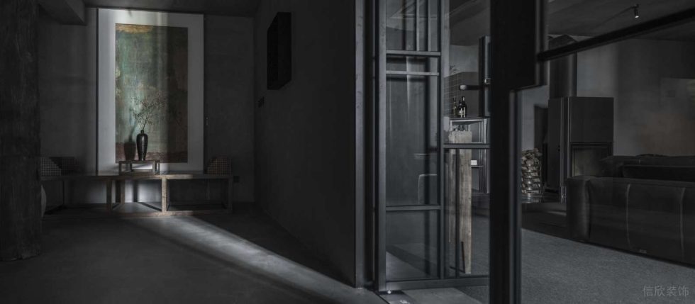 中式幽深禪意茶室裝修設(shè)計 黑檀木門框及裝飾畫陶器