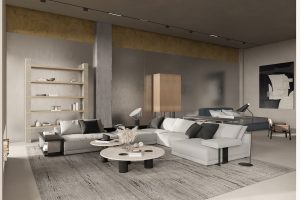 簡約時尚風家居展廳裝修設計案例 白色布藝大沙發(fā)藍色床具