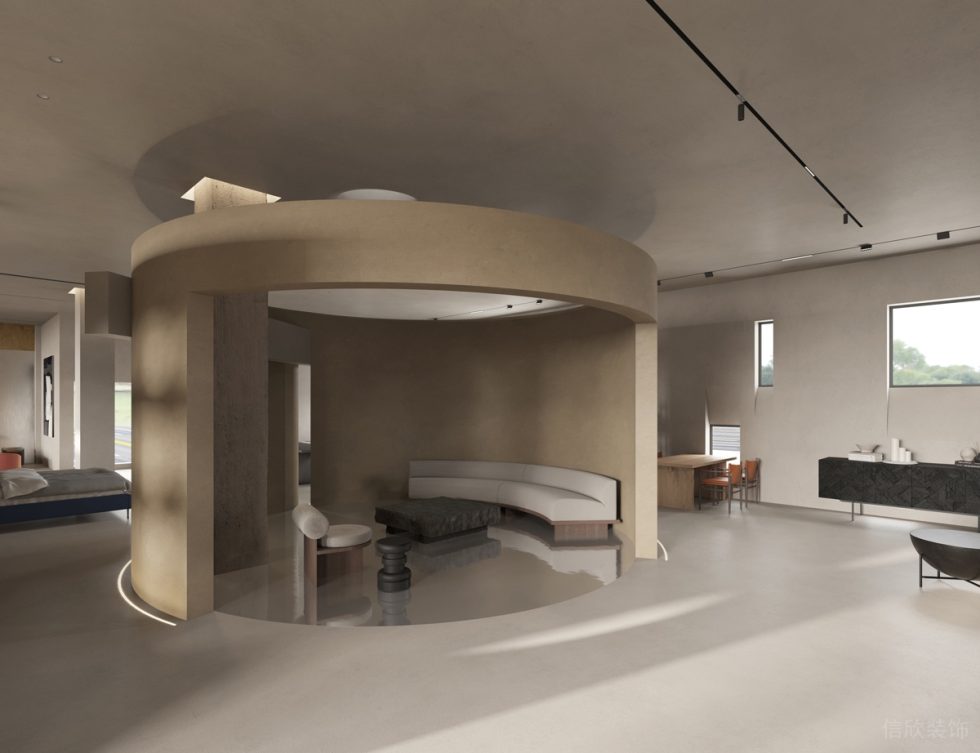 簡約時尚風家居展廳裝修設計案例 淺灰色弧度轉角沙發(fā)