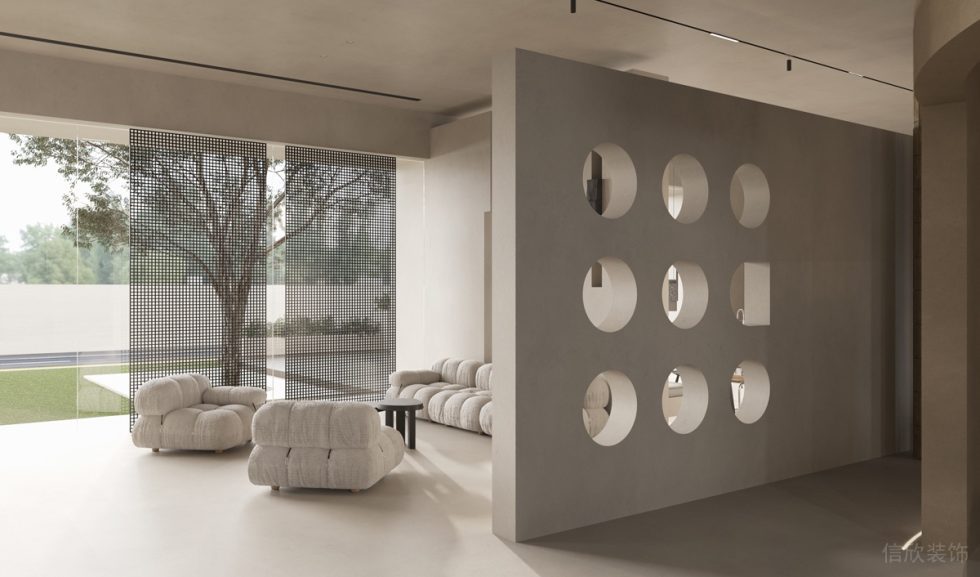 簡約時尚風家居展廳裝修設計案例 透明玻璃墻黑色細網(wǎng)格屏風