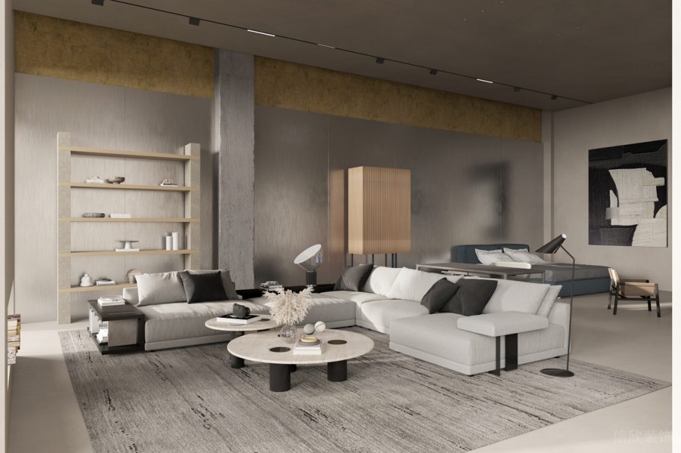 簡約時尚風家居展廳裝修設計案例 白色布藝大沙發(fā)藍色床具